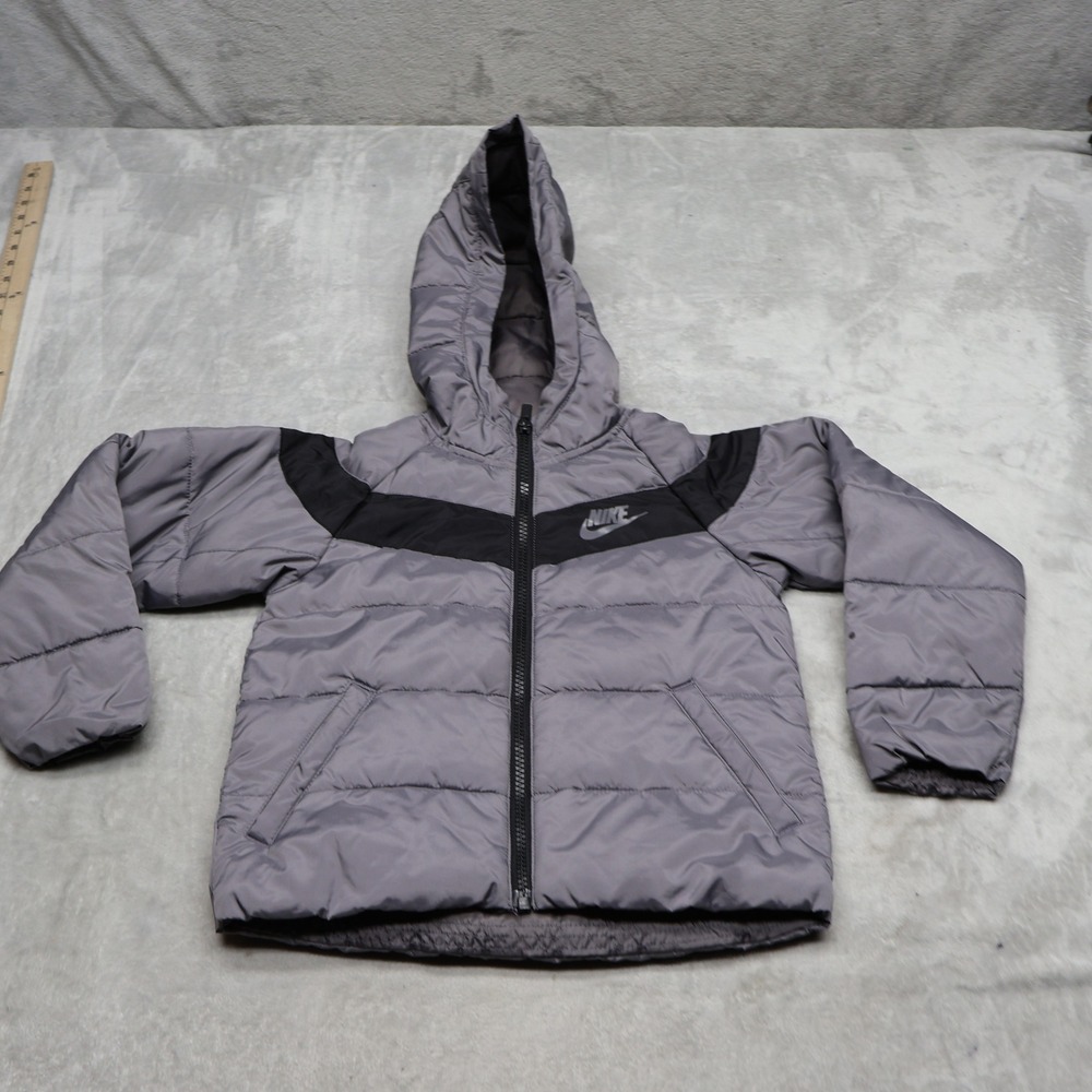 Nike Jacket Boys 4T 3-4 Years Grey Full Zip Hooded Winter Quilted Outdoor Puffer